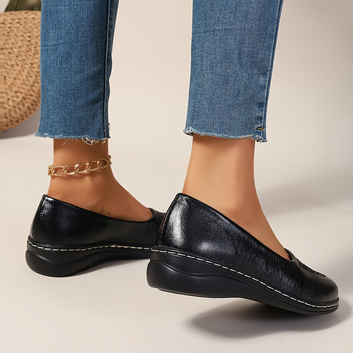 Women's Leather Slip-On Loafers with Embroidered Design and Cushioned Insole