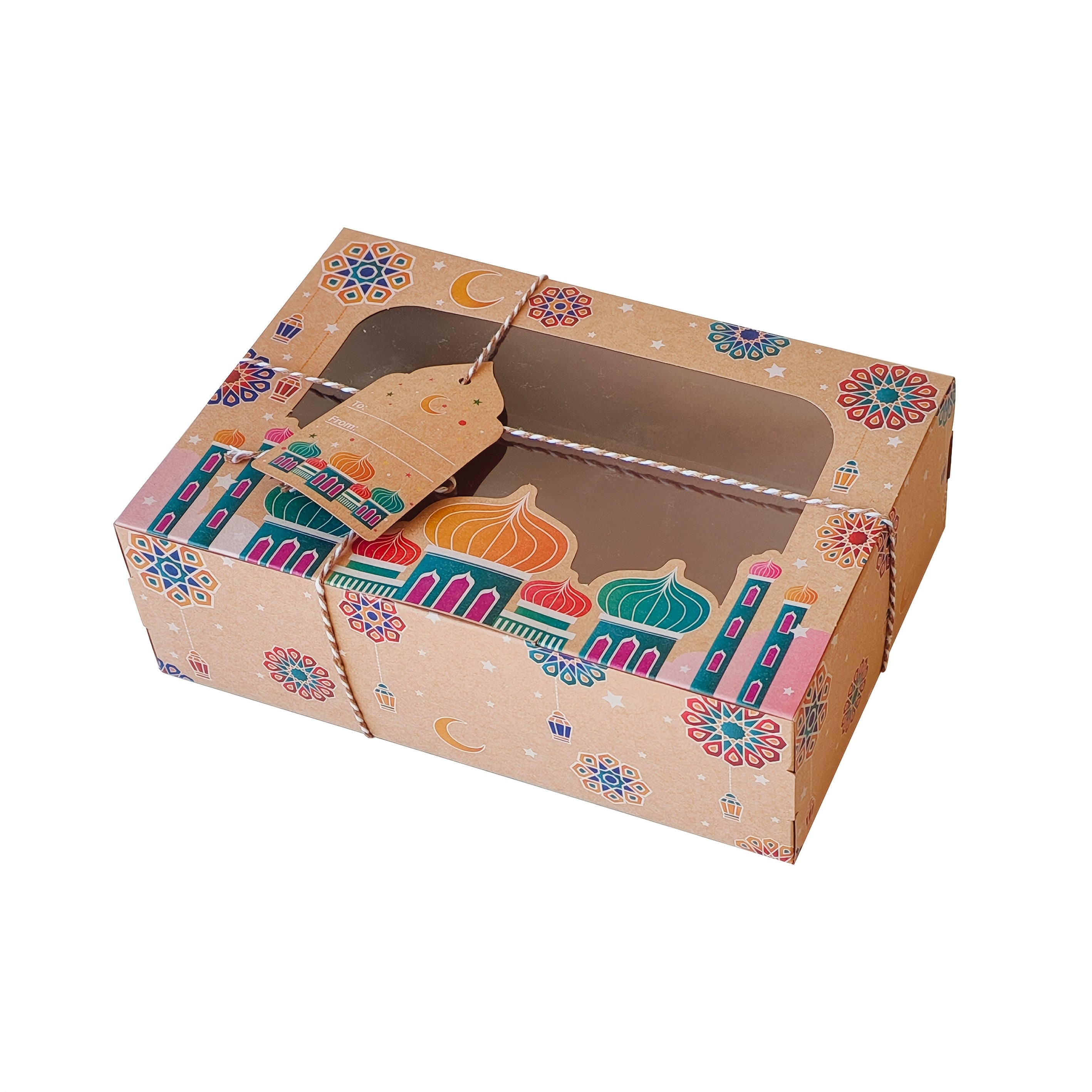 Eid Kraft Paper Gift Boxes with Islamic Designs and View Window for Ramadan Candy Packaging Set of 24