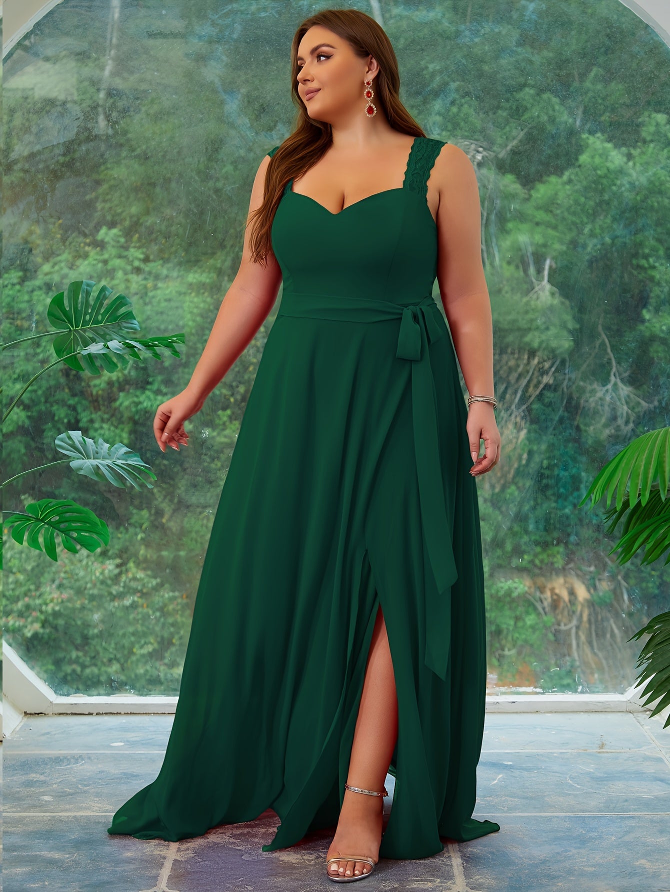 Plus Size Women Lace Evening Prom Dress Formal Gown with High Slit