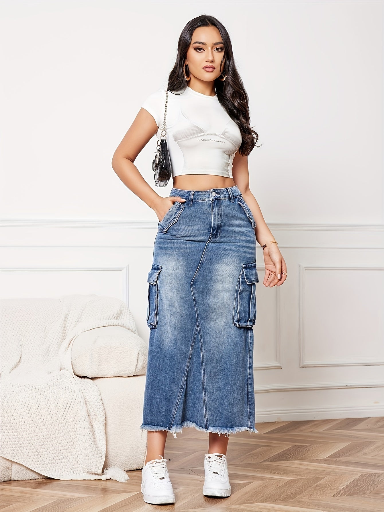 Falda de mezclilla recta de talle alto en azul claro para mujer con bolsillos