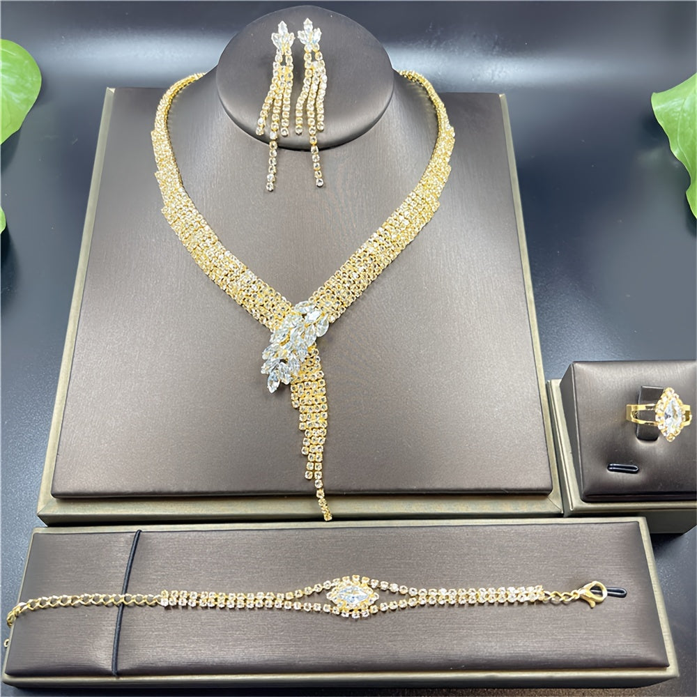 Elegant Rhinestone Tassel Jewelry Set for Women Necklace Earrings Bracelet Ring Formal Events