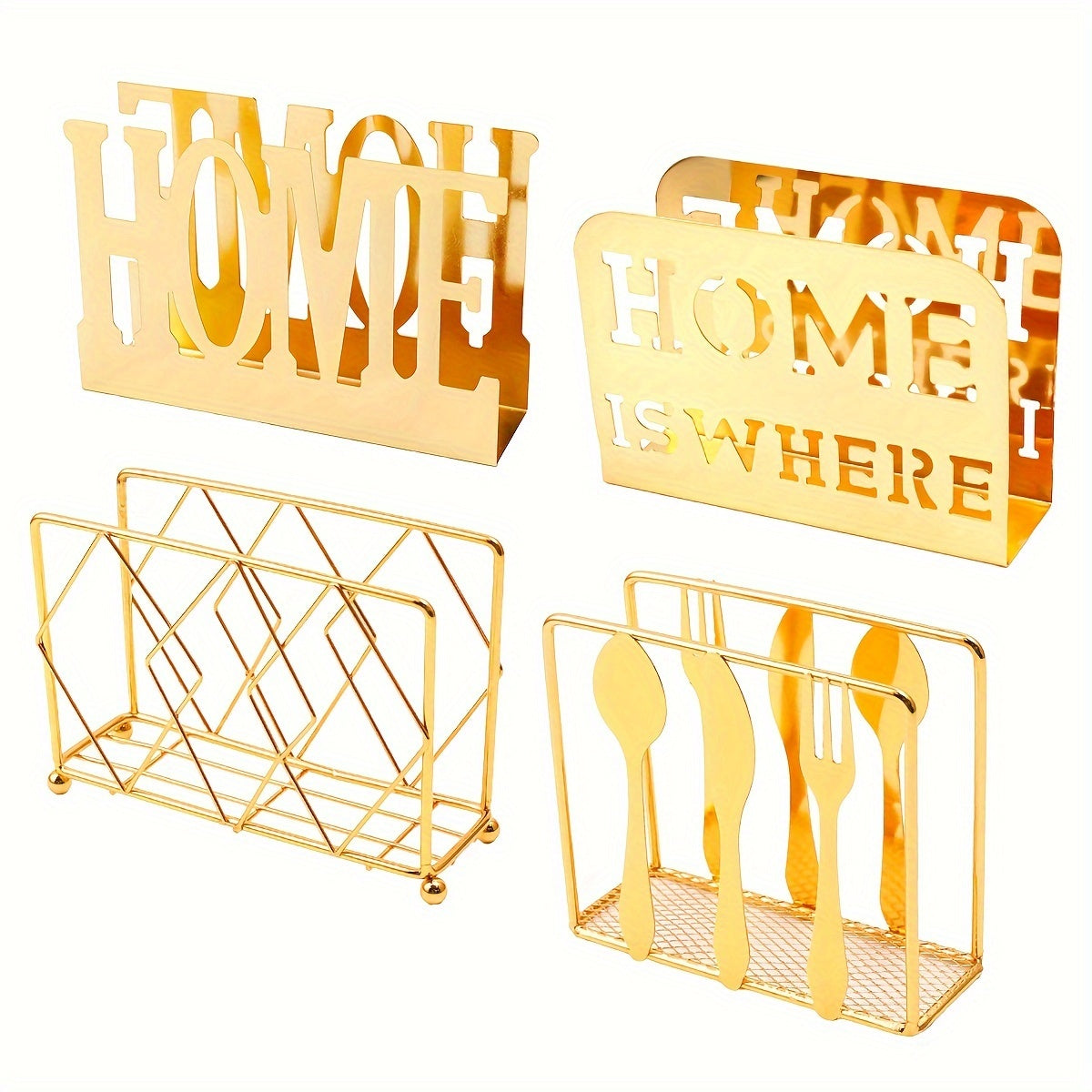 Square Metal Tissue Storage Rack with Fork and Spoon Holder for Dining Table