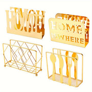 Square Metal Tissue Storage Rack with Fork and Spoon Holder for Dining Table
