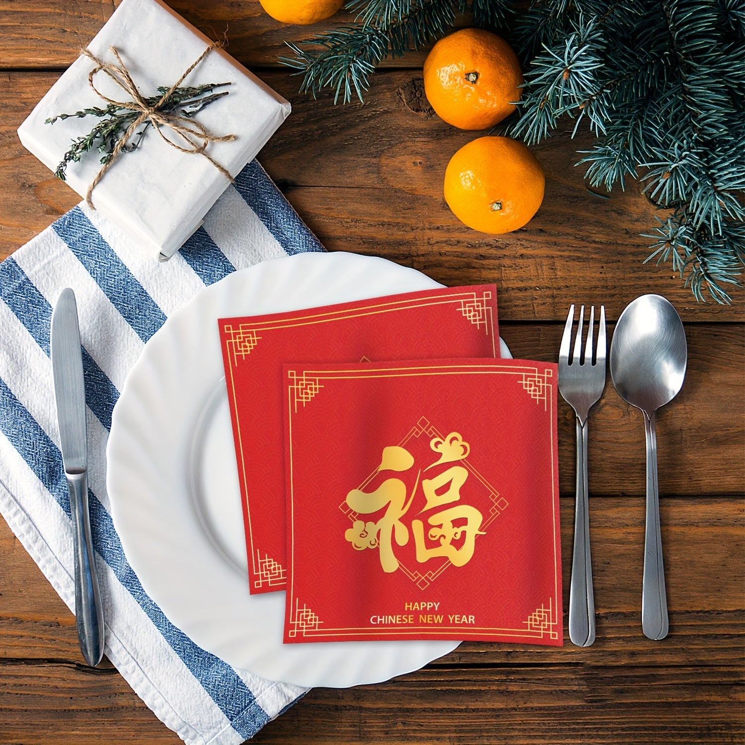 Red Chinese New Year Napkins 3-Ply Multi-Fold Fu Character Gold Accents Festive