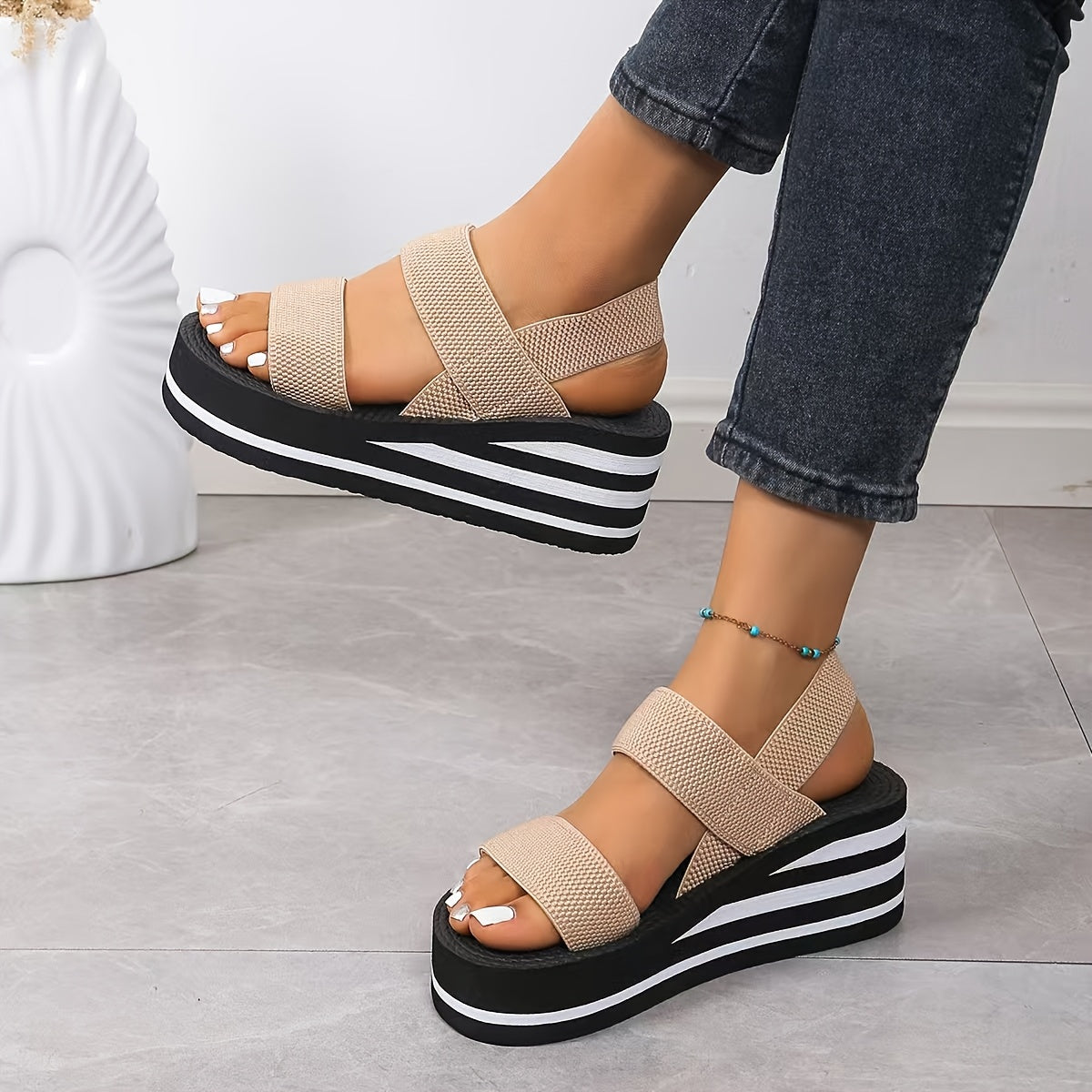 Women Black Wedge Sandals Open Toe Summer Casual Strappy