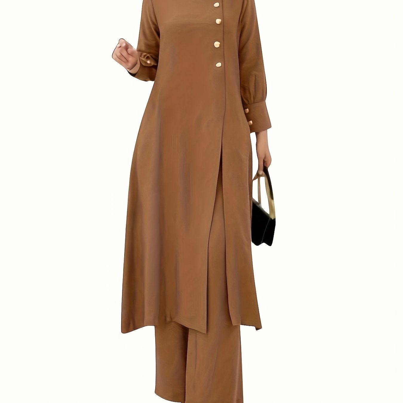 Conjunto de dos piezas de poliéster negro con mangas de farol y pantalones de pierna ancha para mujer