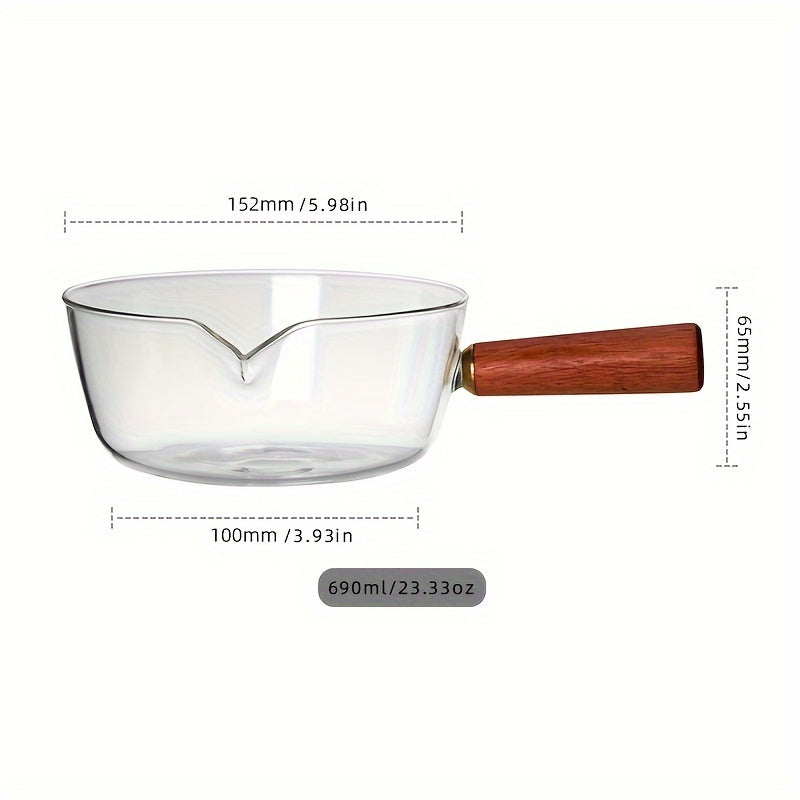 Borosilicate Glass Saucepan 690ml with Wooden Handle V-Shaped Spout Gas Stove Compatible