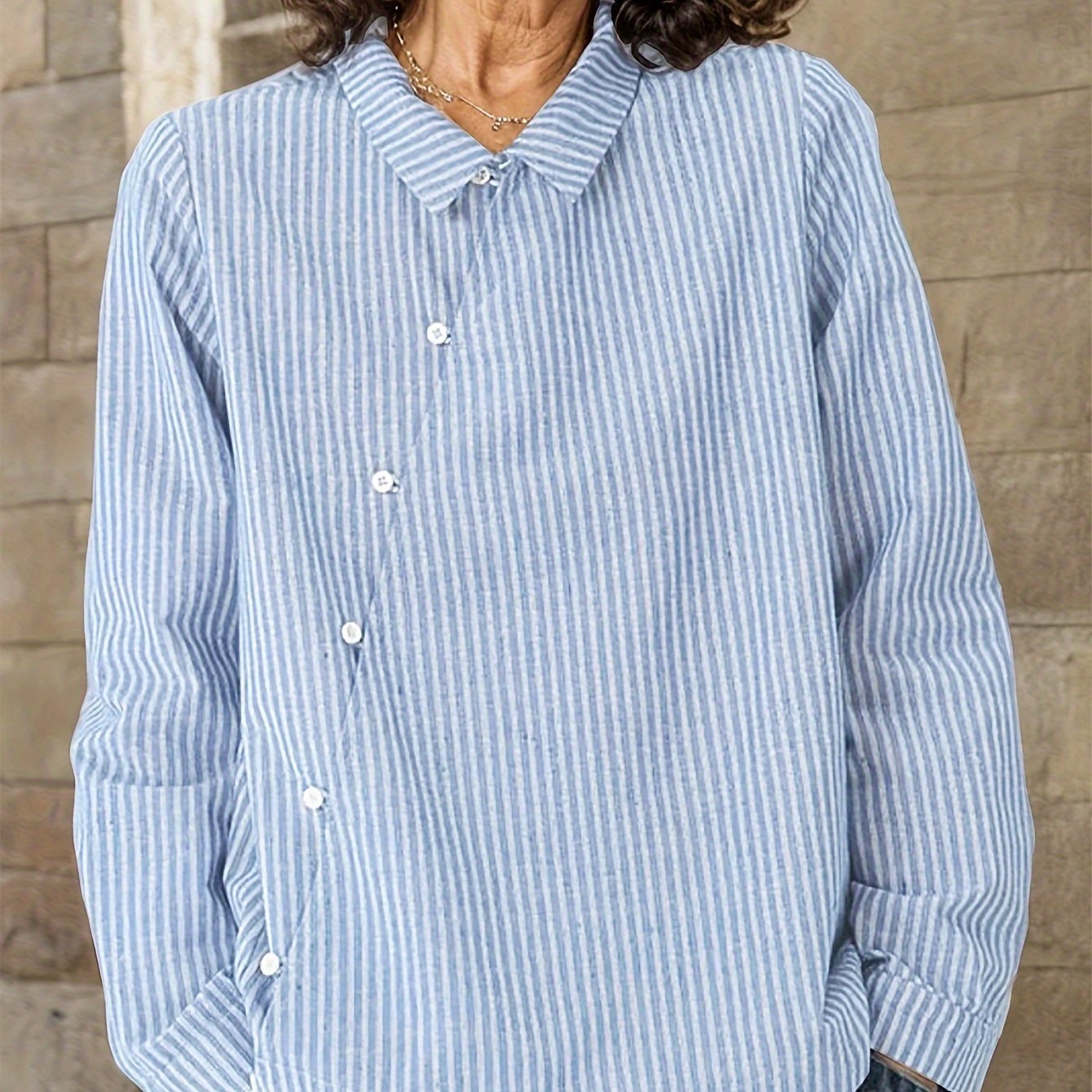 Camisa casual de algodón a rayas para mujer con cuello de solapa, corte suelto, parte delantera de botones