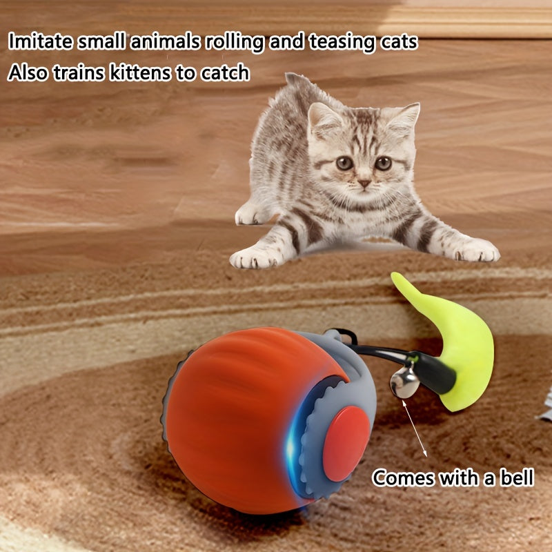 Interactive Cat Toy with Bell and Long Tail USB Rechargeable Rolling Teaser Ball in Red and Gray