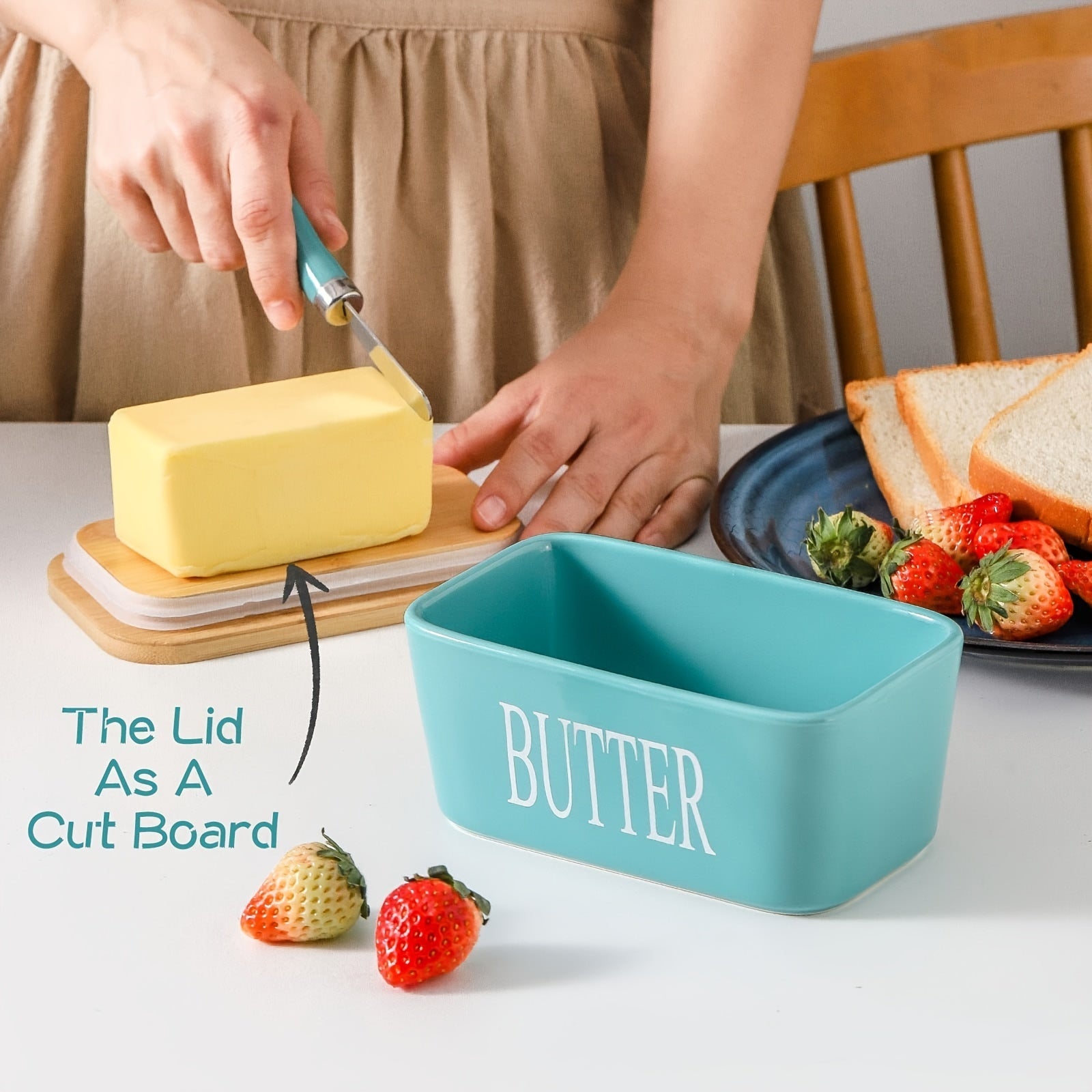 Ceramic Butter Dish Set with Bamboo Lid and Knife, Airtight Countertop Storage