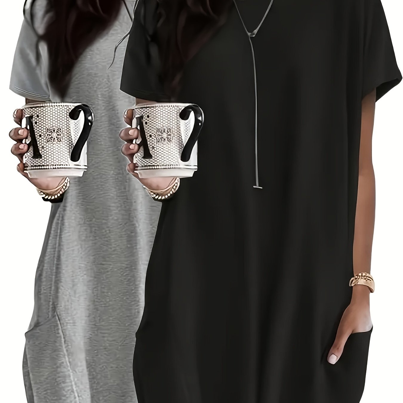 Women's Casual Summer Tops 2 Pack Short Sleeve Loose Fit Pockets Polyester