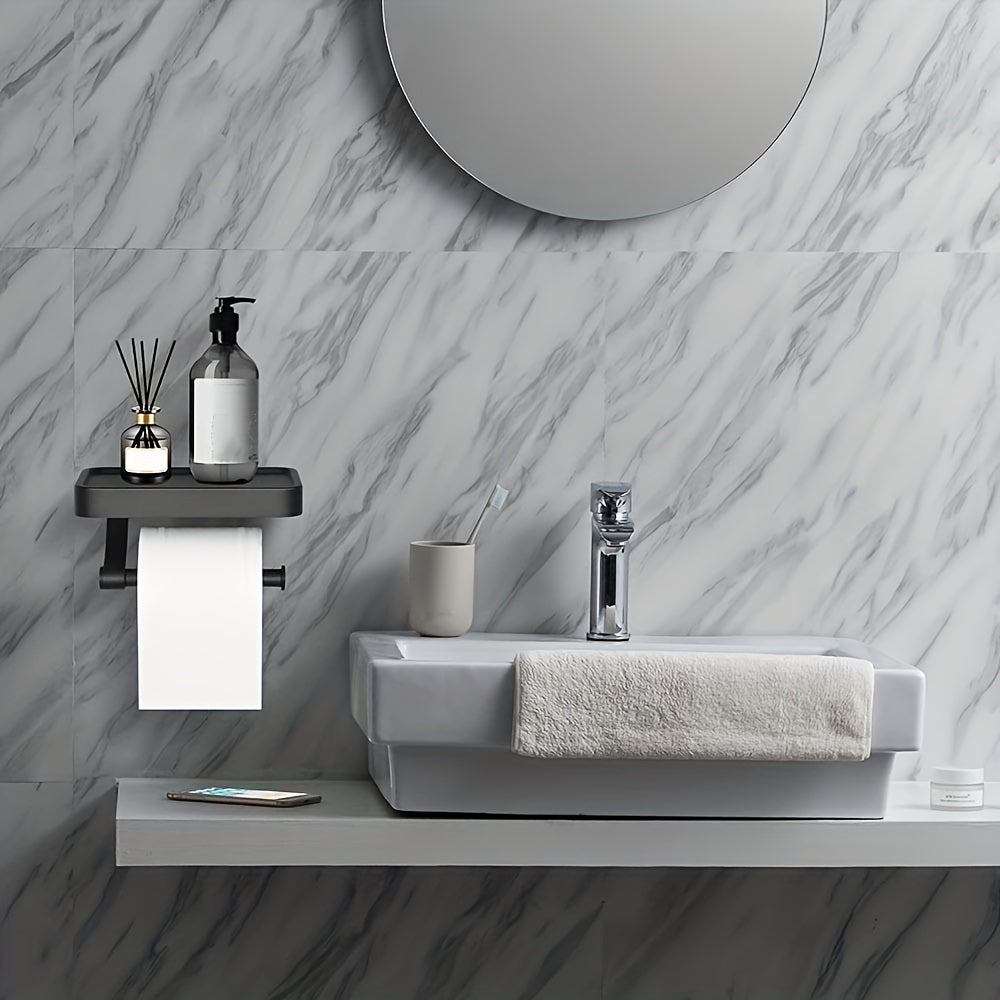 Soporte de papel higiénico de acero inoxidable de montaje en pared con estante para teléfono accesorio de baño negro