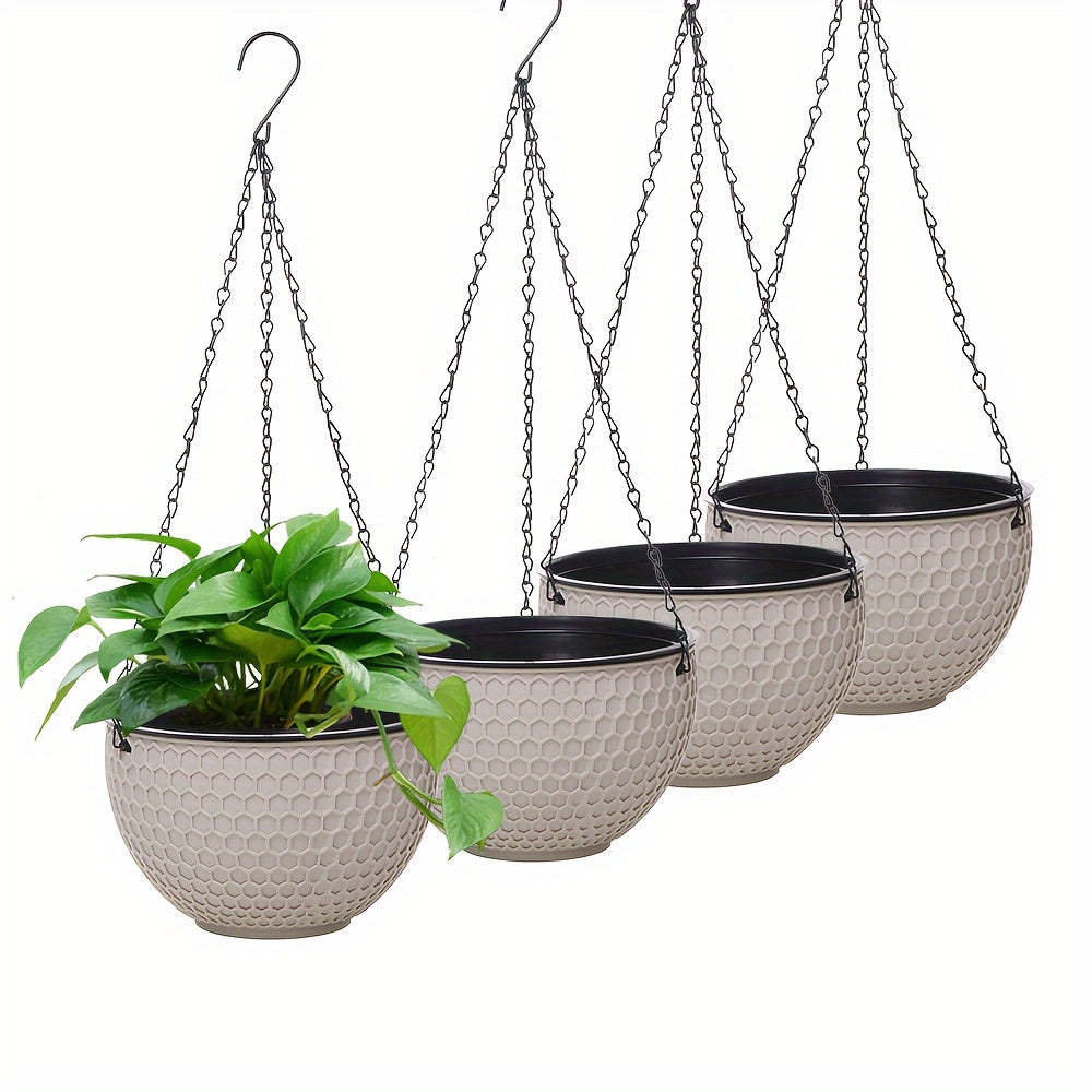 4-Pack Plastic Hanging Flower Pots with Drainage Holes and Chain Hook