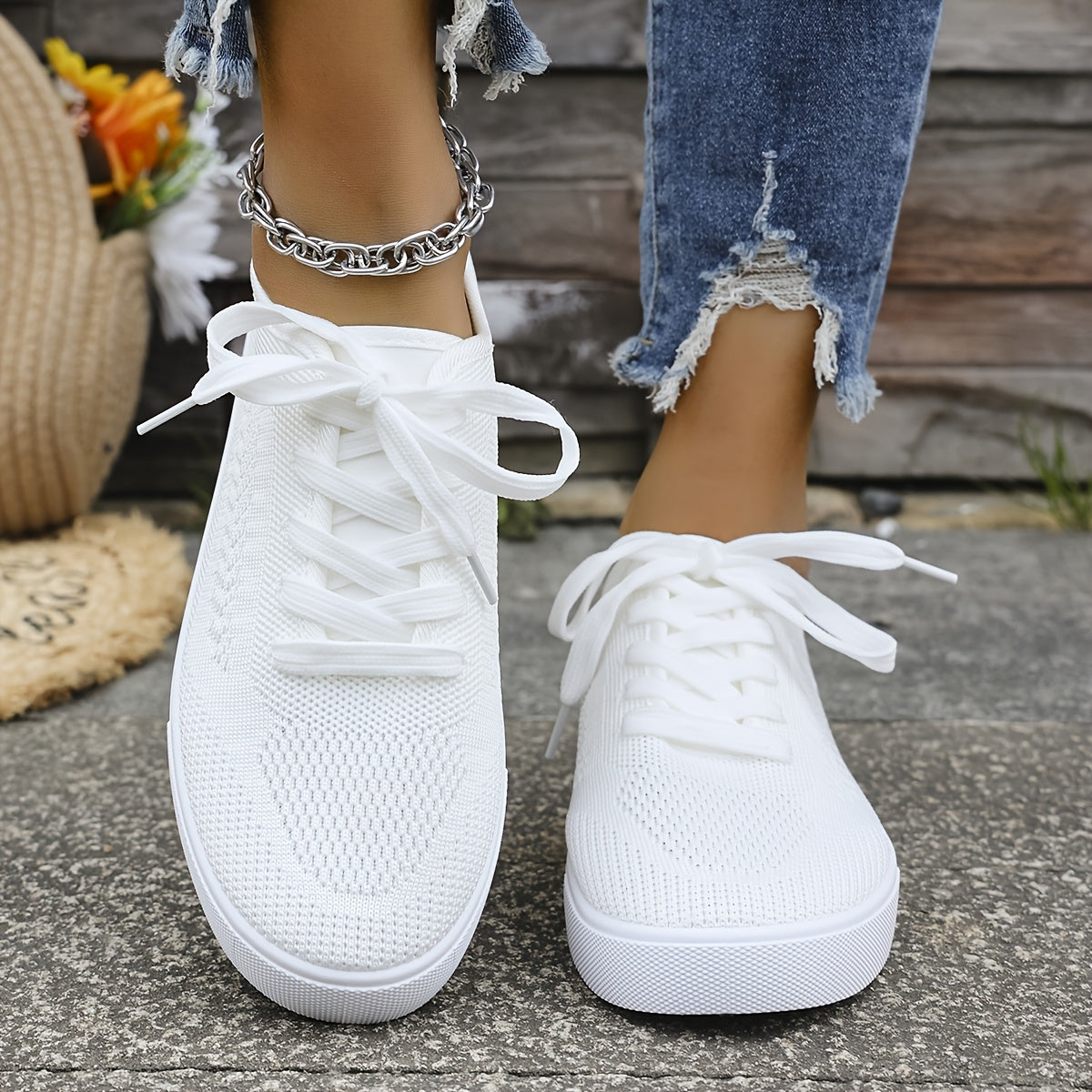 Women's Plus Size Knitted Mesh Sneakers Breathable White Low Top Shoes