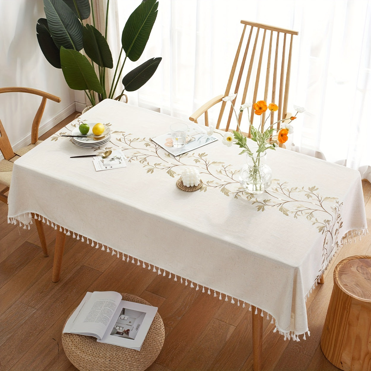 Linen Tablecloth with Feather Embroidery Rectangular Durable Easy to Clean for Weddings Parties and Restaurants