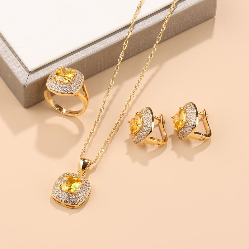 Women’s 4-Piece Jewelry Set Gold Plated Copper with Zirconia Synthetic Stones for Special Occasions