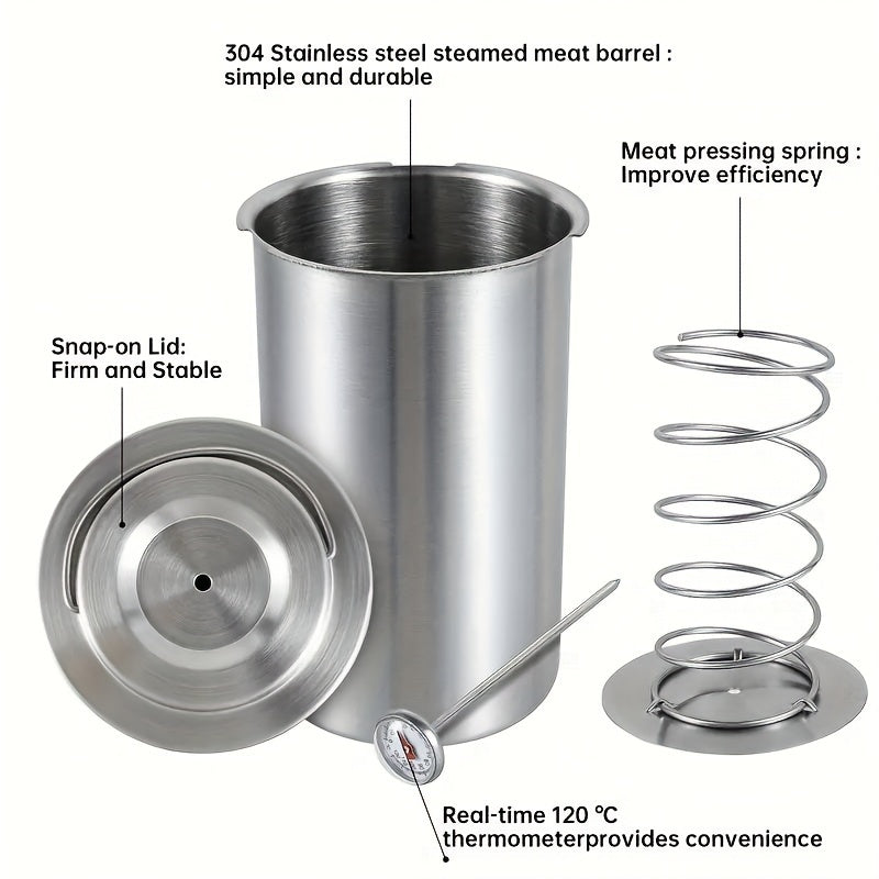 304 Stainless Steel Meat Pressing Barrel with Thermometer and Snap-On Lid