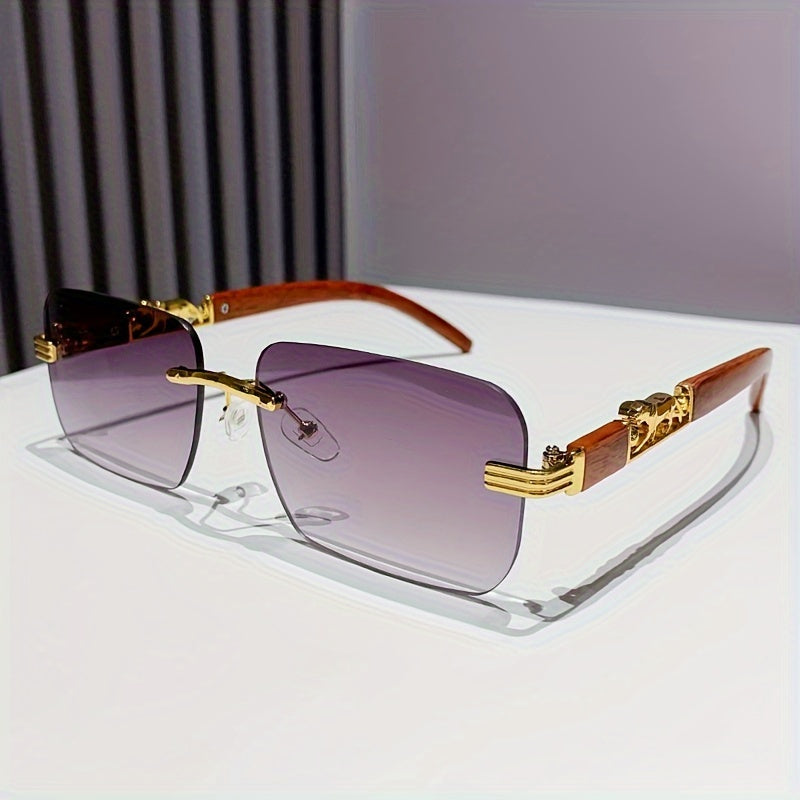 Unisex Rimless Rectangle Glasses with Wood Grain Temples for Beach and Travel