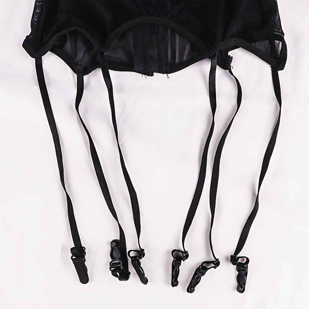 Women Lace Garter Belt Black Sheer Floral Adjustable Set