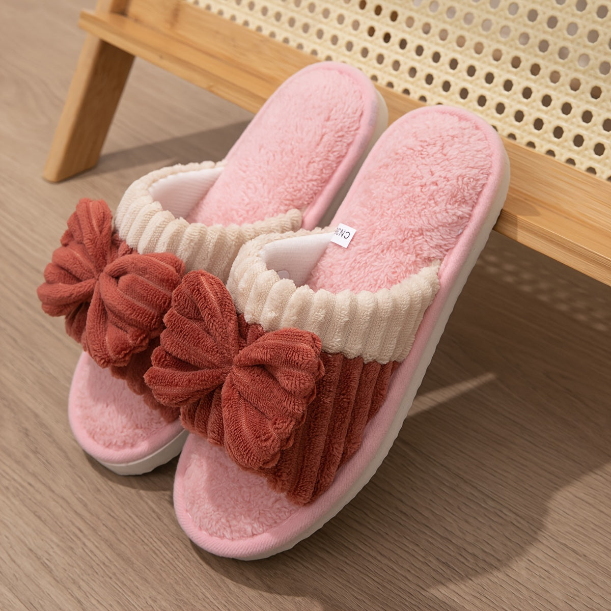 Women's Plush Open Toe Slippers with Bowknot Decor for Indoor Comfort