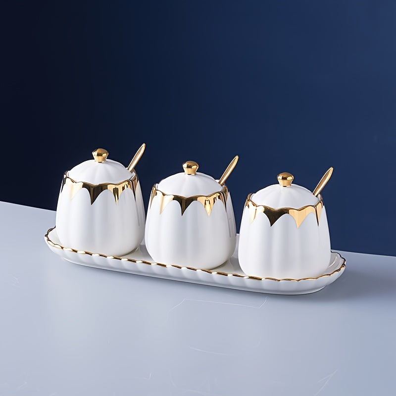 Set of 3 Ceramic Spice Containers with Tray Salt and Pepper Shakers Kitchen Storage