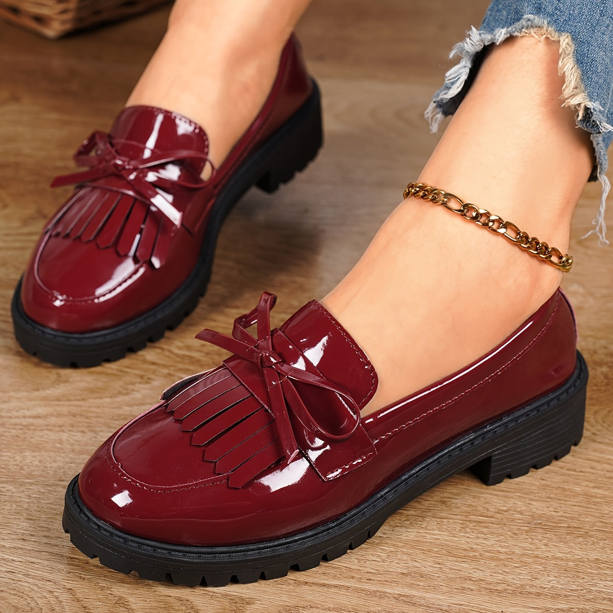 Women's Leather Tassel Loafers with Chunky Heel and Bowknot