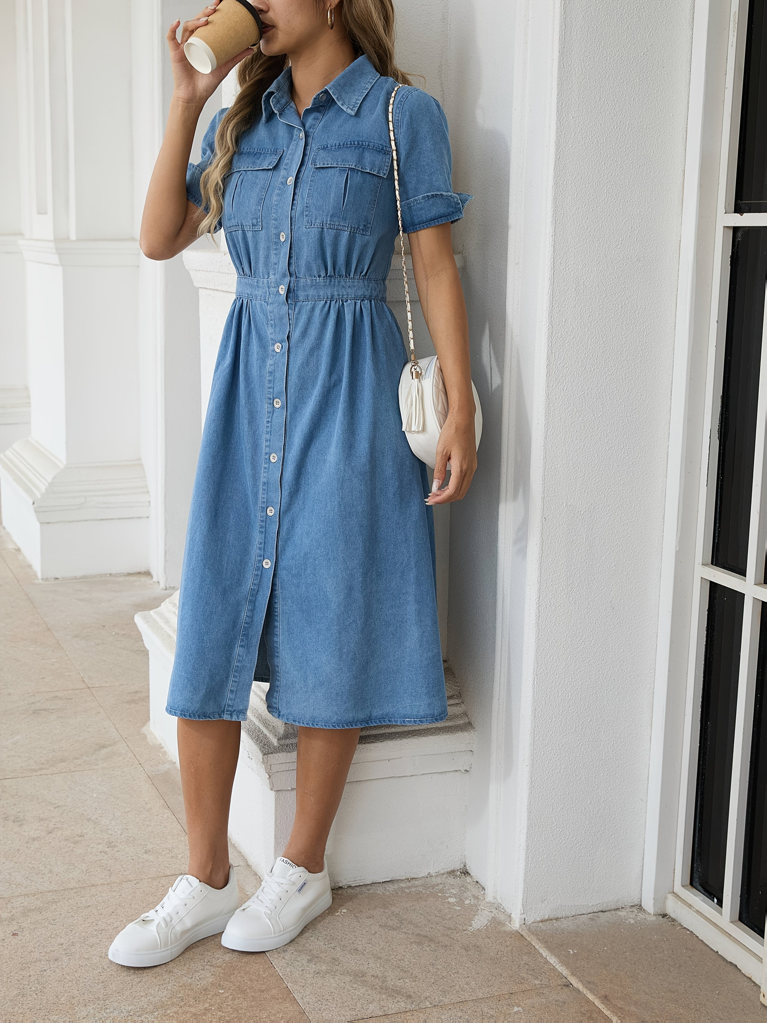 Women's Denim Midi Dress Short Sleeves Flap Pockets Button Front Casual Blue