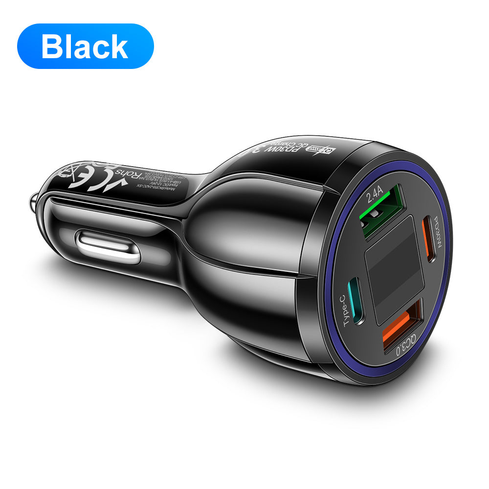 4-port tez avtomobil zaryadkasi raqamli displey bilan PD QC 3.0 Type C ko‘p qurilma uchun zaryadlash