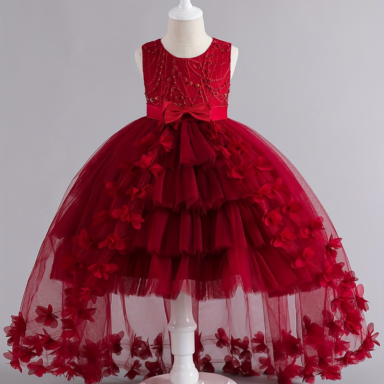 Girls' Sleeveless Princess Dress with Floral Embroidery Tulle Skirt for Pageants Weddings and Formal Events