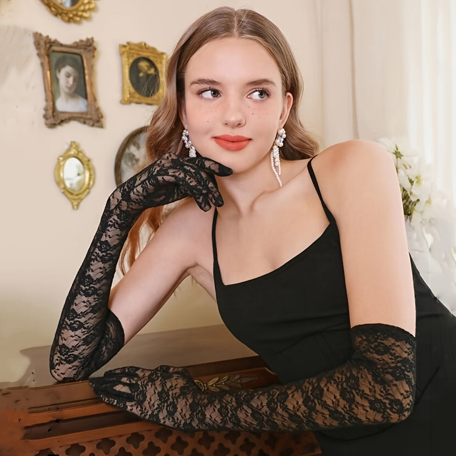 Women's Black Lace Gloves Long Mesh Veil for Wedding Bridal Party