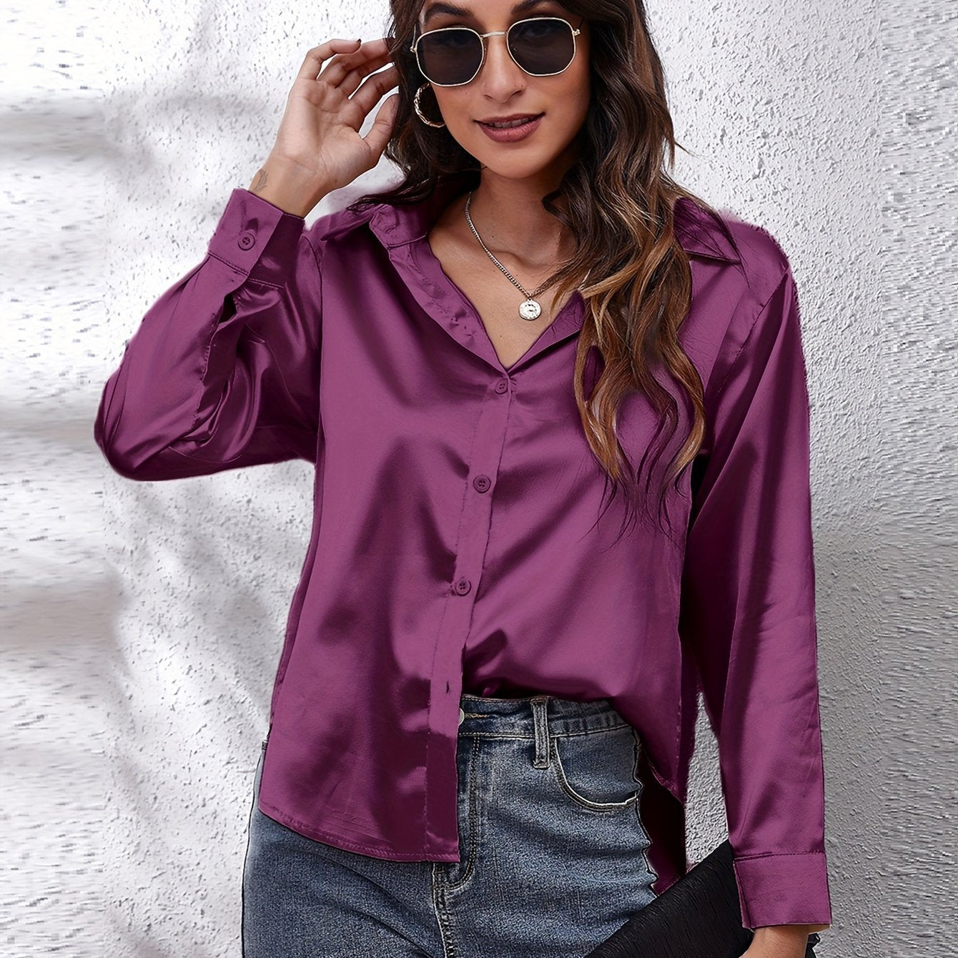 Women's Satin Shirt Long Sleeve Solid Color Lapel Collar Regular Length Single Breasted Elegant Polyester
