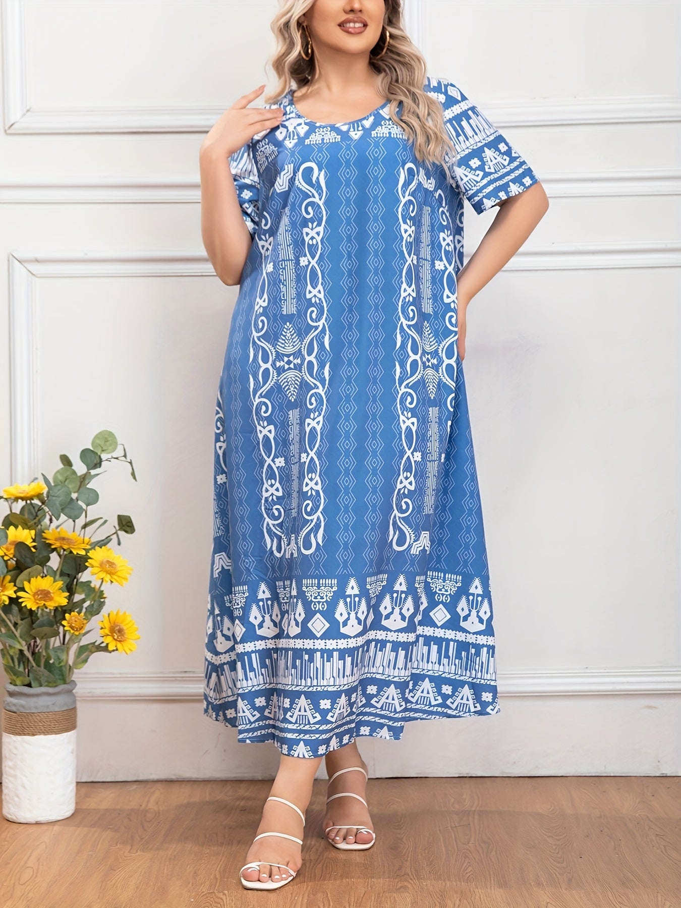 Women's Plus Size Tunic Dress Polyester Middle Eastern Print Casual All-Season
