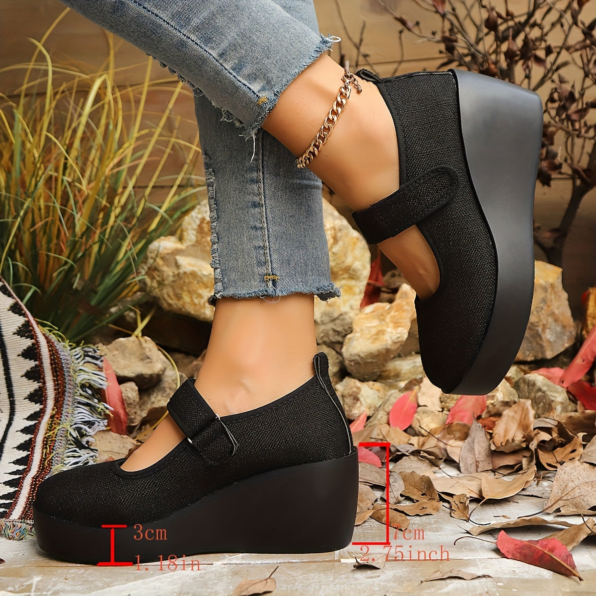 Women Black Flannel Platform Heeled Shoes with Magic Tape for Outdoor Travel