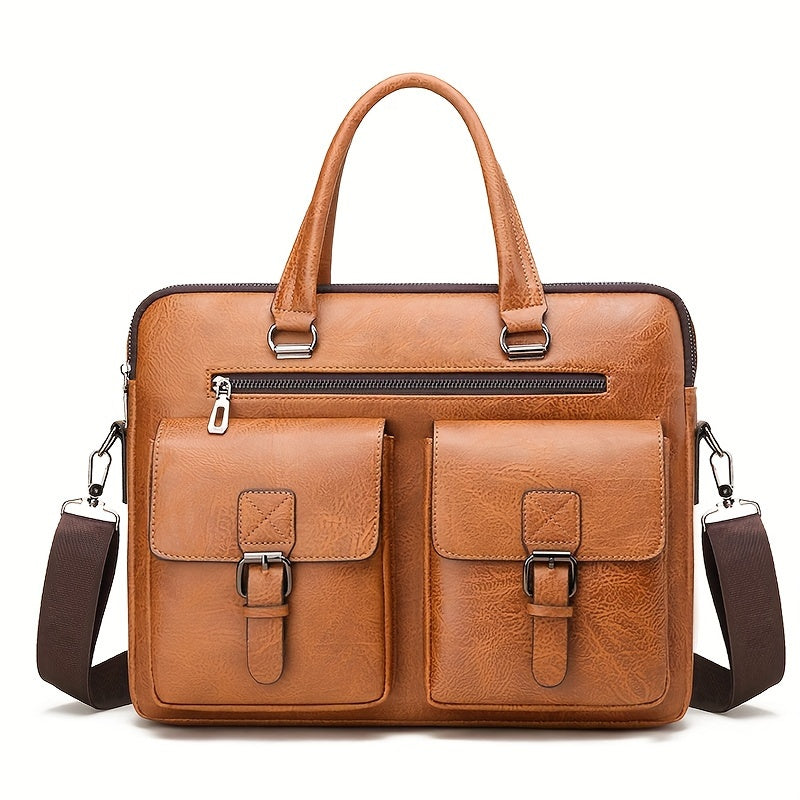 Qora rangdagi vintage erkaklar uchun ish sumkasi, noutbuk bo'limi, ajratiladigan yelka tasmasi va ofis, ish yoki sayohat uchun bir nechta zipli cho'ntaklar bilan.