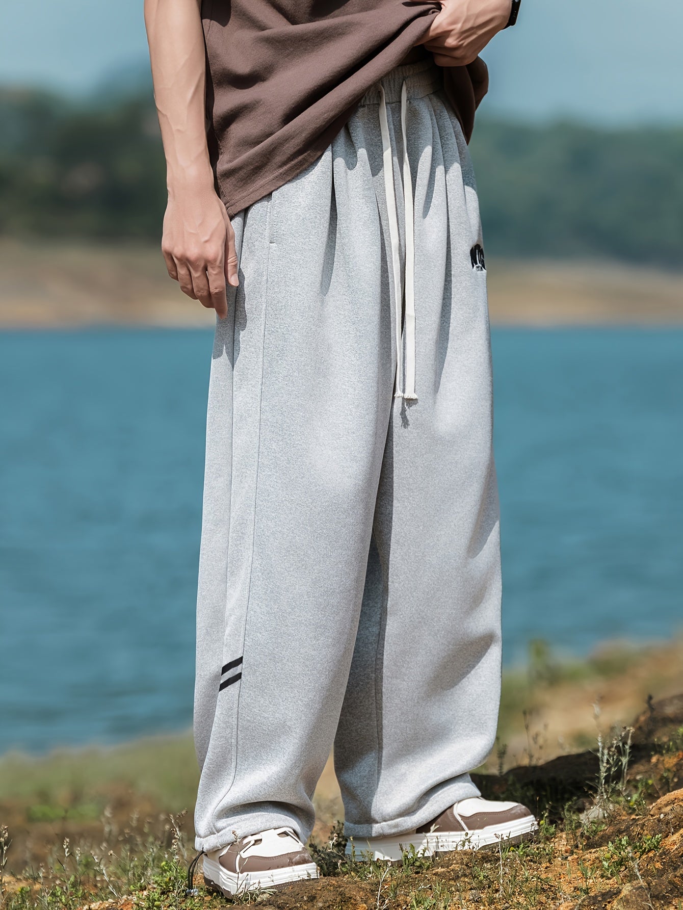 Мужские брюки большого размера в повседневном стиле с шнурком, эластичной тканью и геометрическим принтом