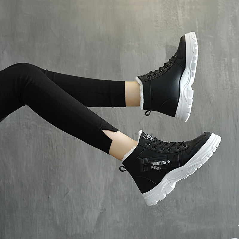 Women's Winter Ankle Boots Lace-Up High-Top Faux Leather Casual Shoes