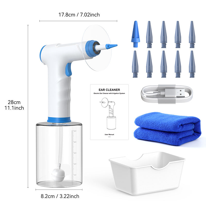 Yorug'lik va 4 ta bosim rejimi bilan elektr quloq tozalash to'plami, xavfsiz va samarali quloq mumini olib tashlash uchun lavha, sochiq va 11 ta maslahatni o'z ichiga oladi.