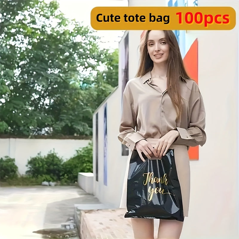 100-Pack Black Water-Resistant PE Thank You Bags with Die Cut Handles for Retail and Gifts