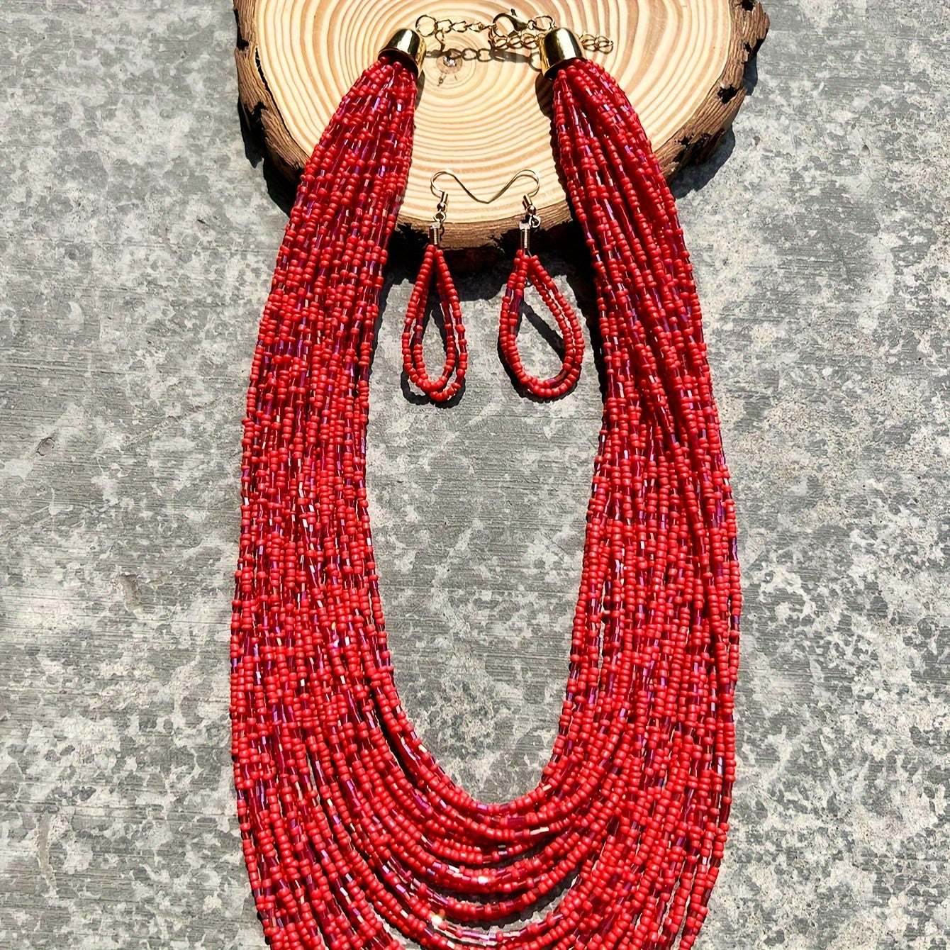 Bohemian Ethnic Style Red Rice Bead Glass Tube Necklace and Earrings Women’s Jewelry