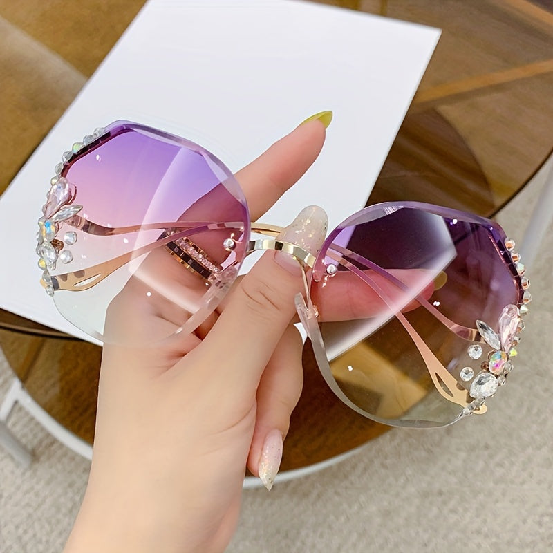 Women's Frameless Gradient Lens Rhinestone Glasses with Bent Legs