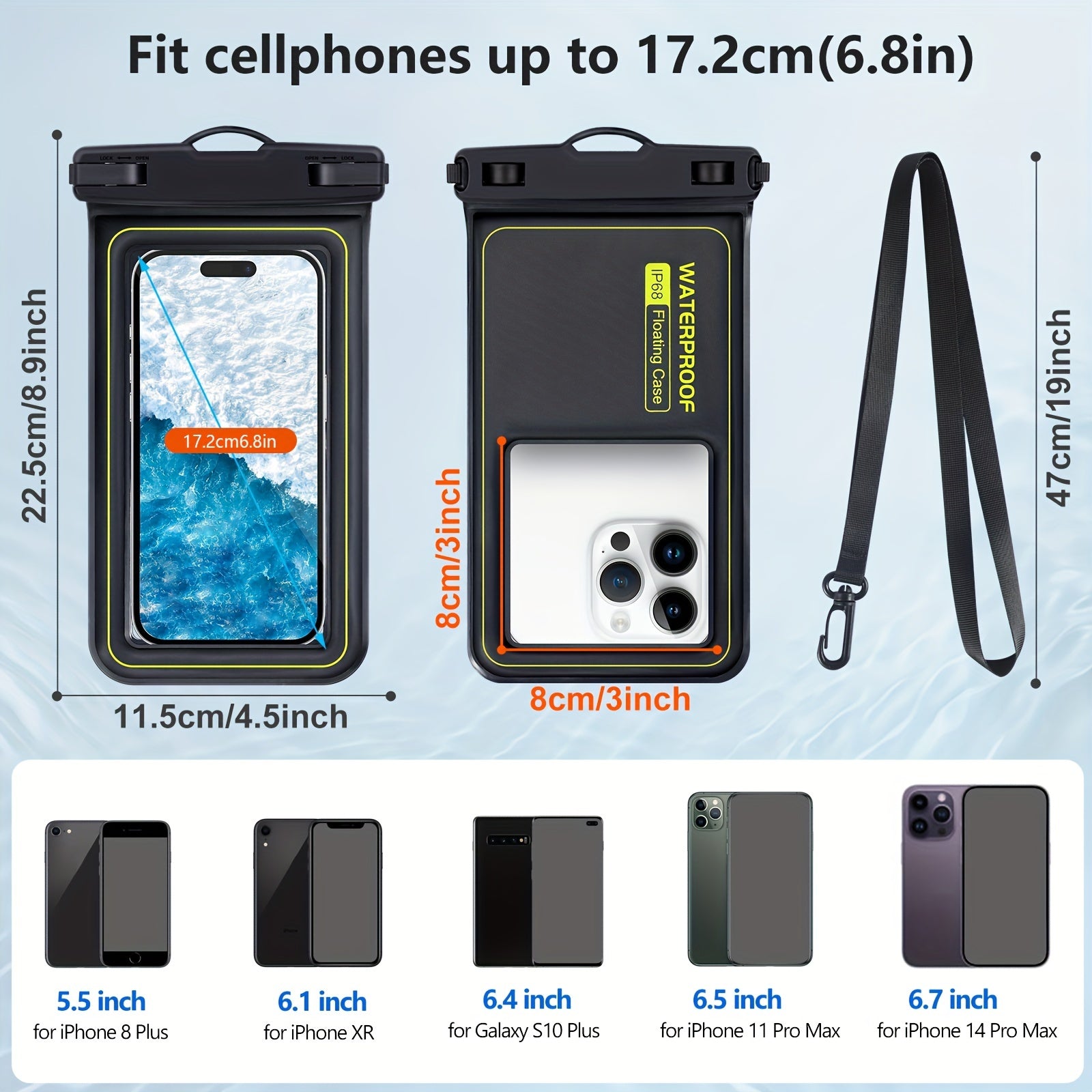 Waterproof Phone Case with Lanyard for Phones Up to 6.8 Inches for Water Activities