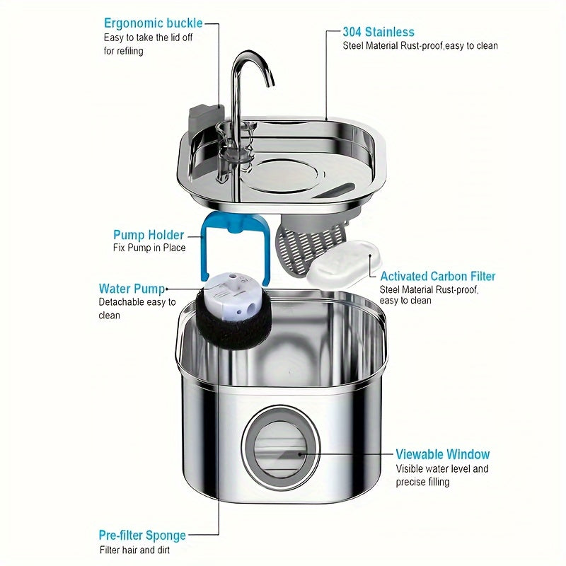 Stainless Steel 3.2L Automatic Cat Fountain USB Water Dispenser Quiet Large Eyes