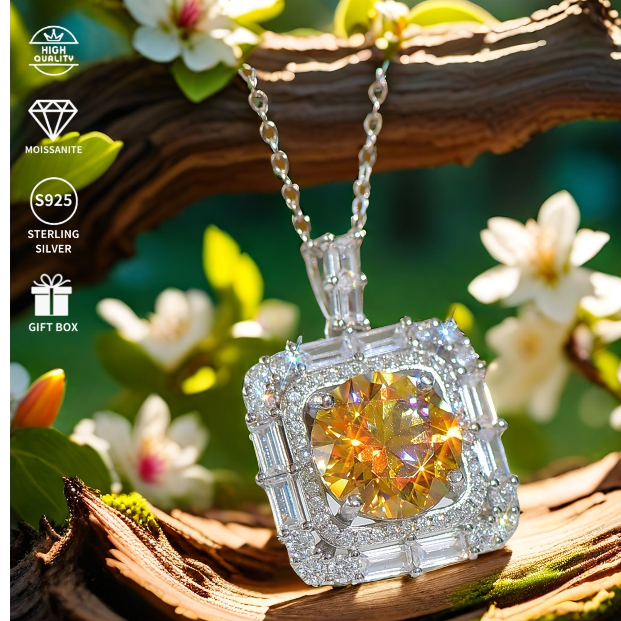 Sterling Silver Square Pendant Necklace 5 Carat Yellow Moissanite Jewelry