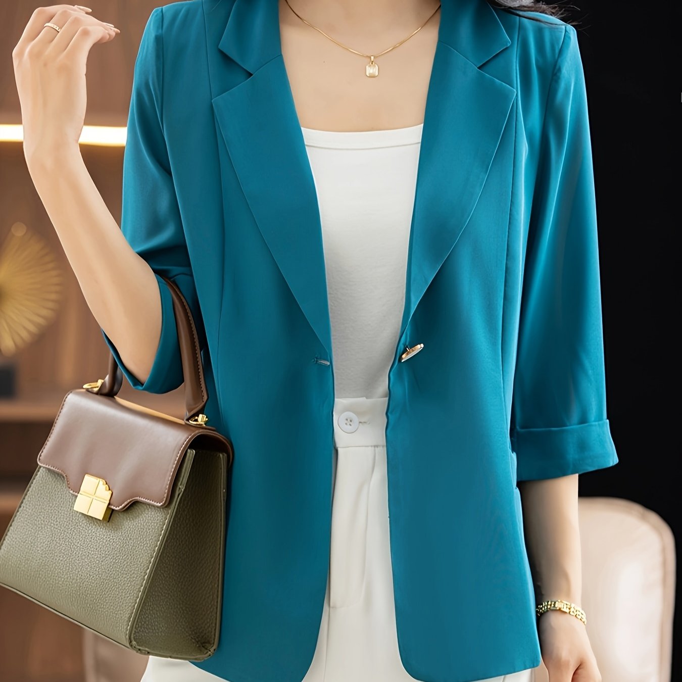 Women's Chiffon Blazer Lightweight Sheer 3/4 Sleeve Single Button Solid