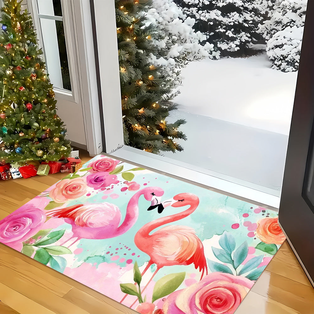 Vibrant Flamingo Floral Anti-Slip Floor Mat 100% Polyester Washable Absorbent
