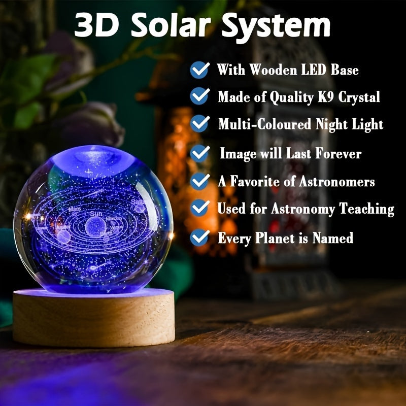 6cm 3D Solar System Crystal Ball with Multicolor LED Base for Astronomy Enthusiasts