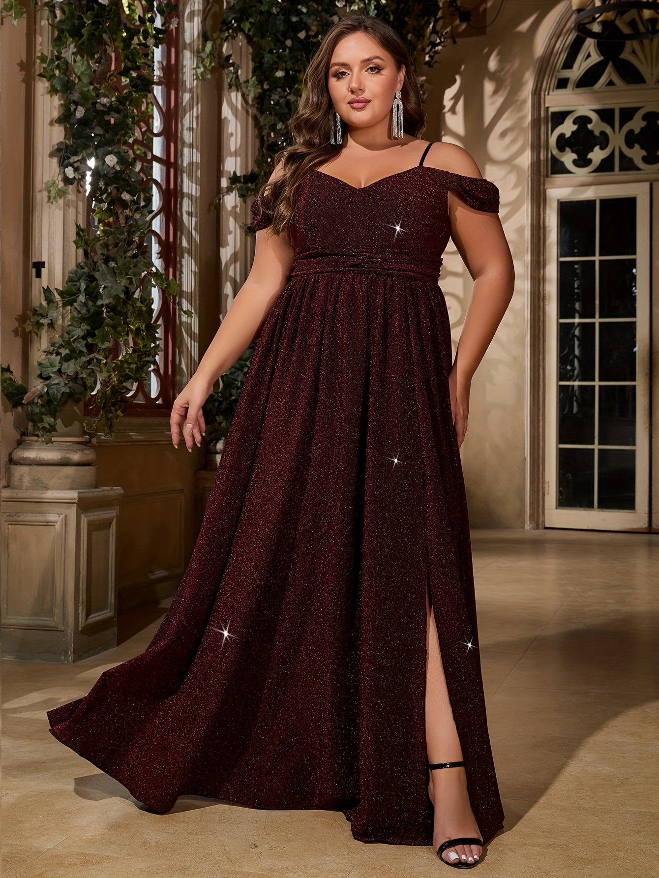 Plus Size Off-Shoulder Glittery Maroon Bridesmaid Dress Long Gown