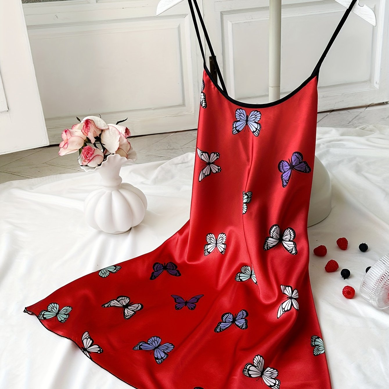 Women's Satin Nightgown with Butterfly Print Adjustable Cross Straps All-Season Sleepwear