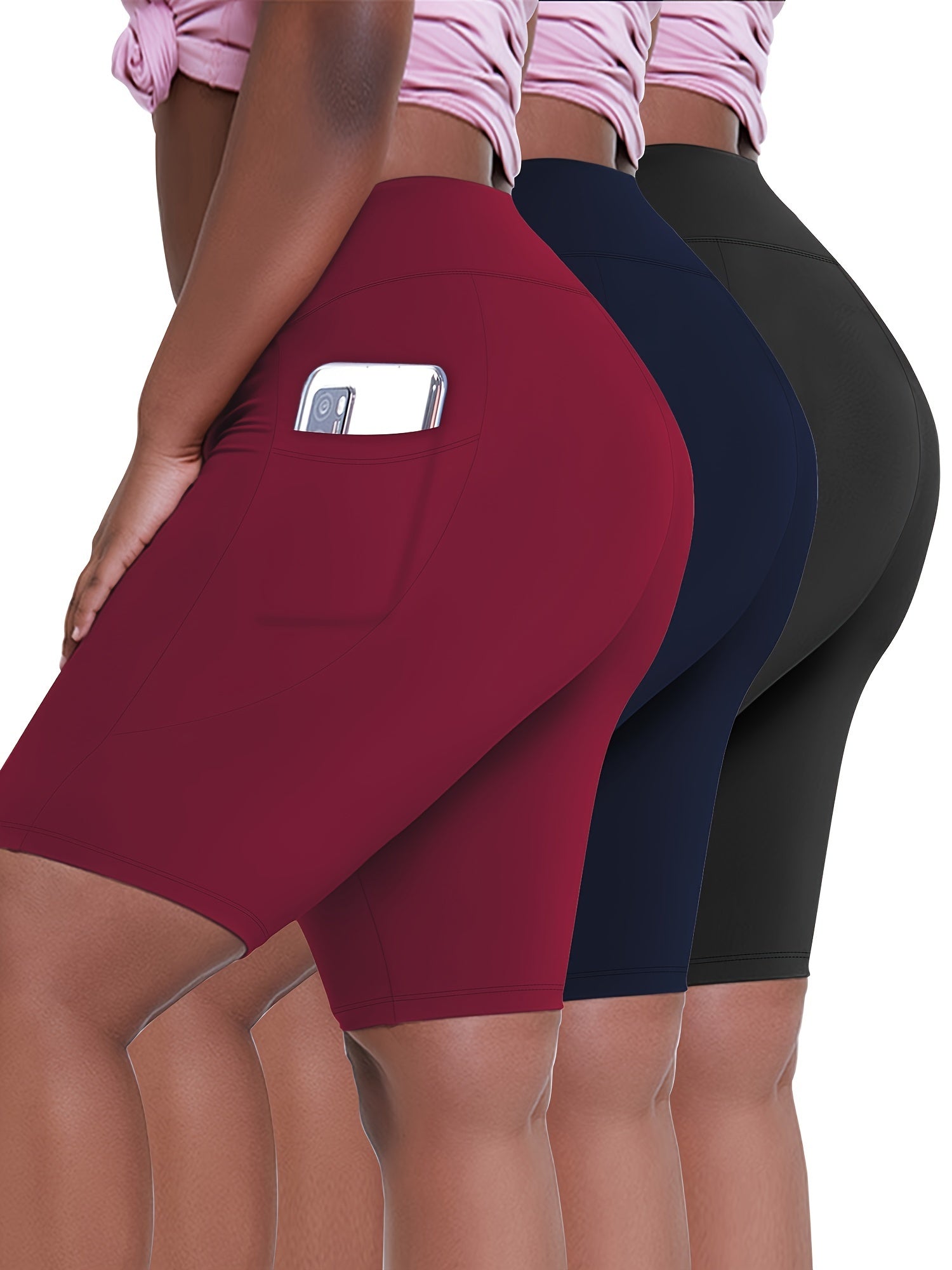 Women's High-Waist Biker Shorts Plus Size Crescent Moon Pockets Stretchy Polyester