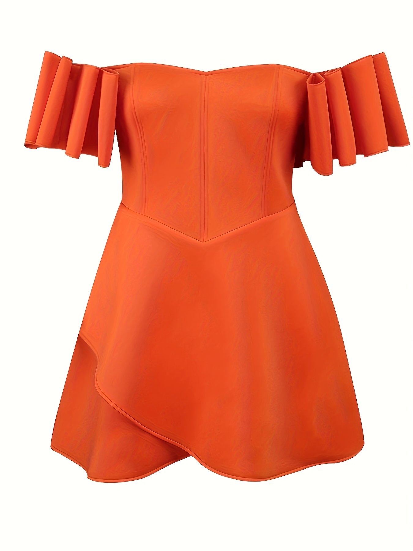 Women Orange Off-Shoulder Party Dress Ruched Mini Evening Gown
